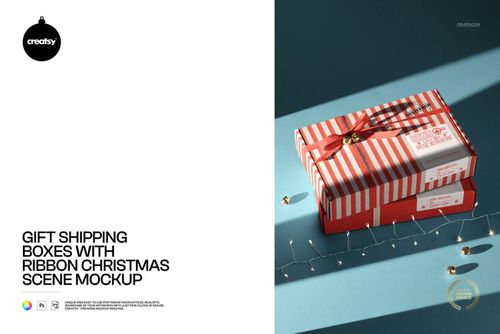 Gift Shipping Boxes with Ribbon Christmas Scene Mockup - mockup preview 1