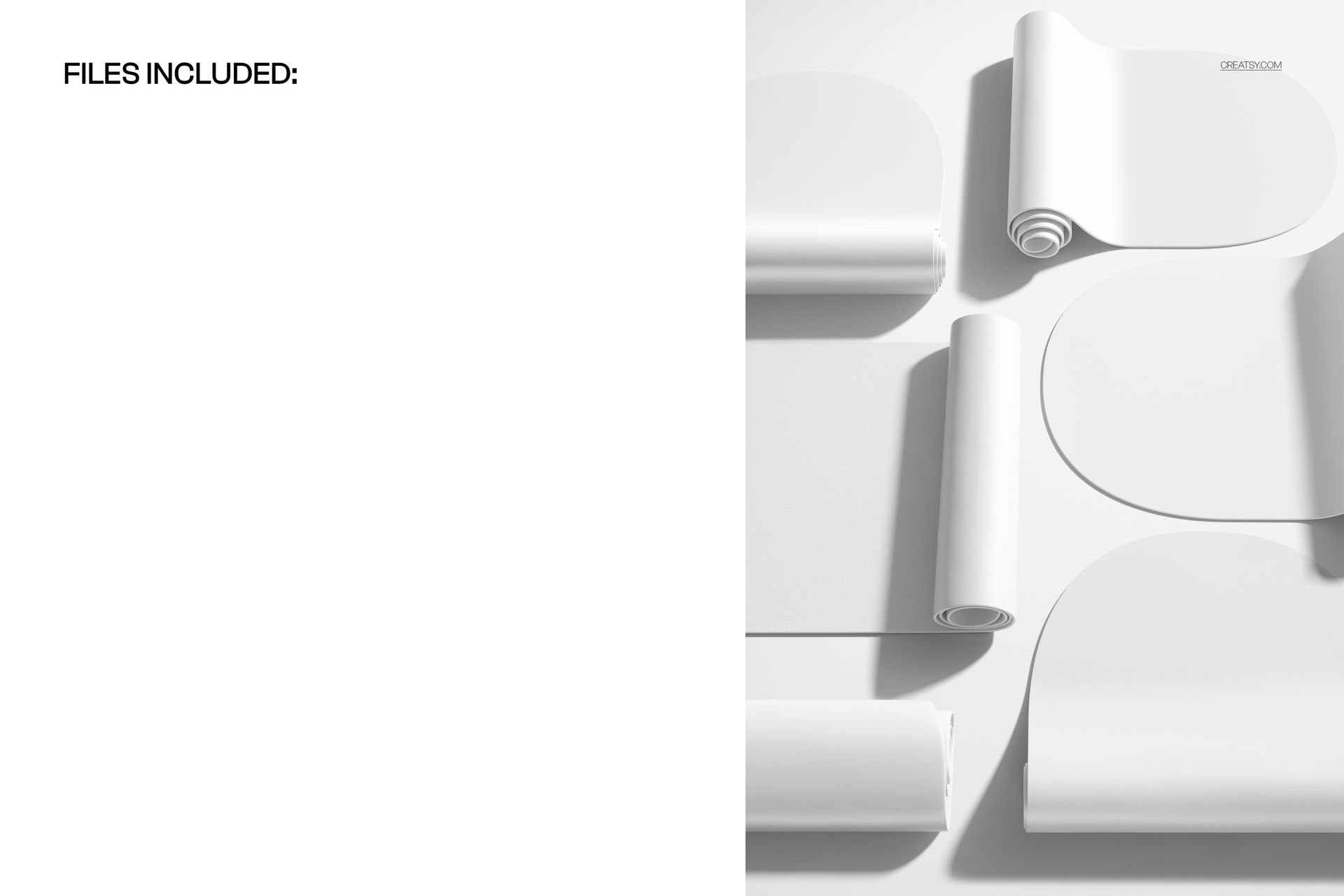 PSD mockup showing several PU oval yoga mats in white, displayed flat and rolled from a top perspective.