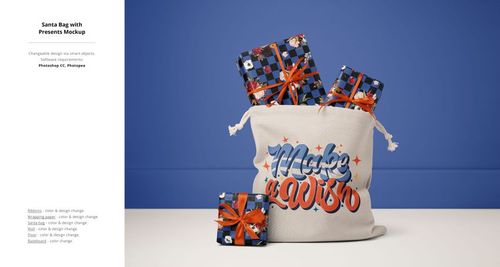 Christmas-themed mockup showing a fabric sack with colorful lettering and several patterned gift boxes inside and beside it.