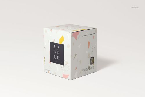 Front view of a Nordic style candle box mockup with abstract pastel patterns on a light background, isolated scene.