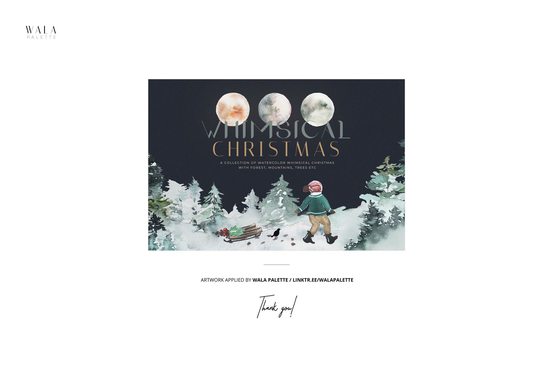 Gift wrapping paper mockup featuring a winter forest scene with a child and sled, shown from a front view.