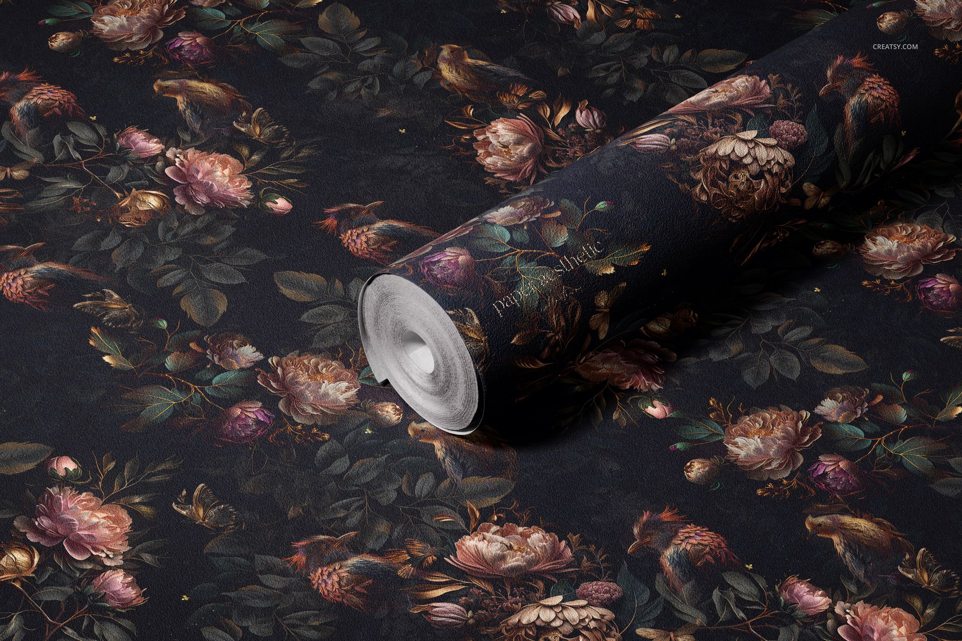 PSD mockup of a non-woven vinyl wallpaper roll featuring a rich botanical design, viewed from a slightly angled perspective.