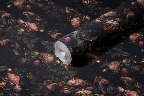 PSD mockup of a non-woven vinyl wallpaper roll featuring a rich botanical design, viewed from a slightly angled perspective.