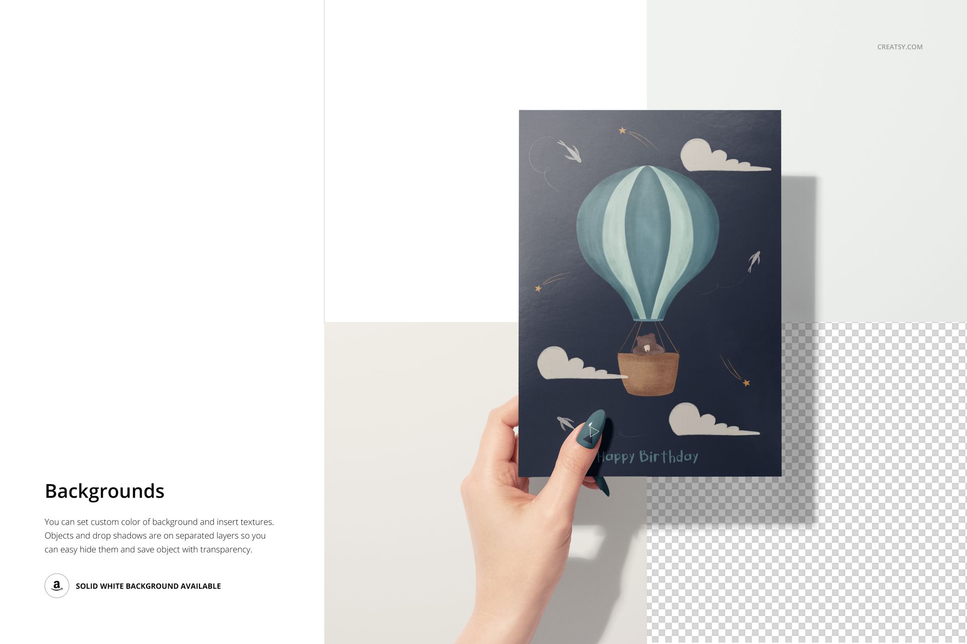 Greeting card mockup featuring a female hand, hot air balloon artwork, and neutral backgrounds with shadow effects.