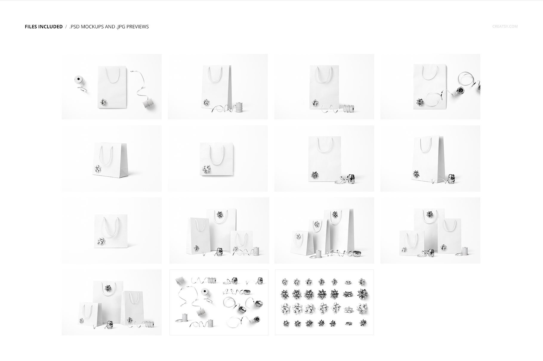 Multiple white paper bags arranged with assorted shiny gift bows and ribbons, presented in a PSD mockup layout.