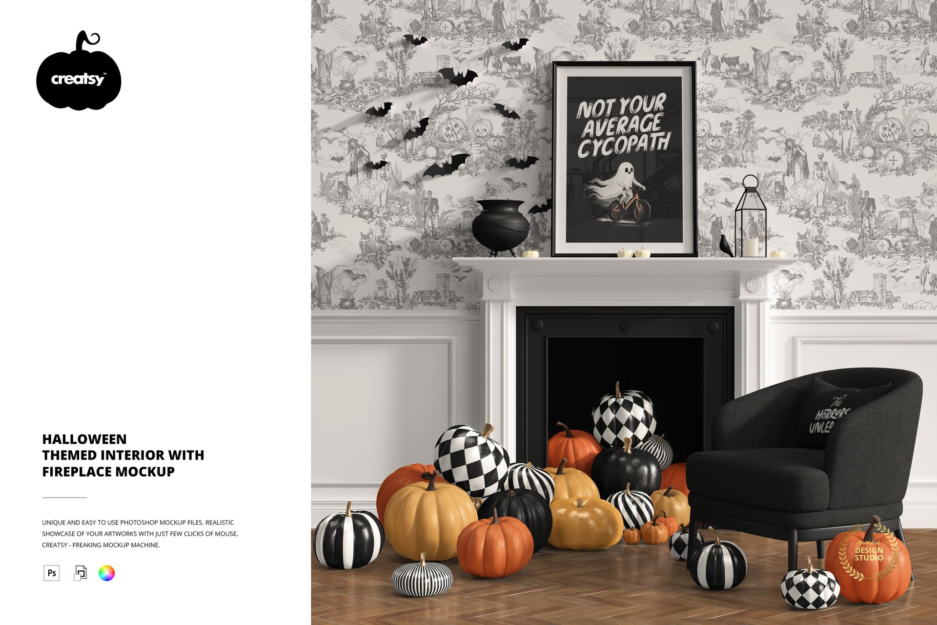 Front view of a Halloween themed interior mockup featuring a fireplace, pumpkins, black armchair, and bat decorations.