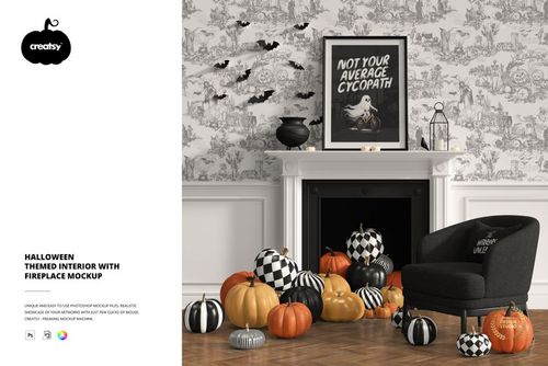 Halloween Themed Interior with Fireplace Mockup - mockup preview 1