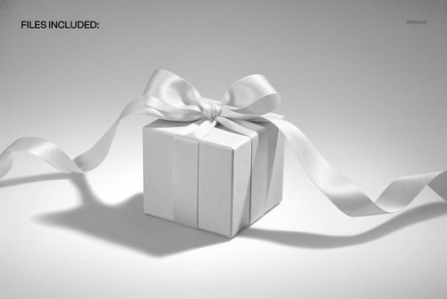 Cube gift box mockup featuring a neat white wrapping and an elegant wide ribbon tied in a bow, shown on a plain background.