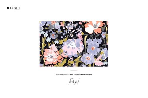 Rectangular fabric mockup featuring a floral pattern in pastel pink, blue, and peach on a dark background, front view.