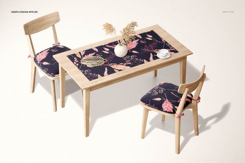 60x120cm table runner mockup displayed on a light wood table with matching floral patterned cushions and neutral props.