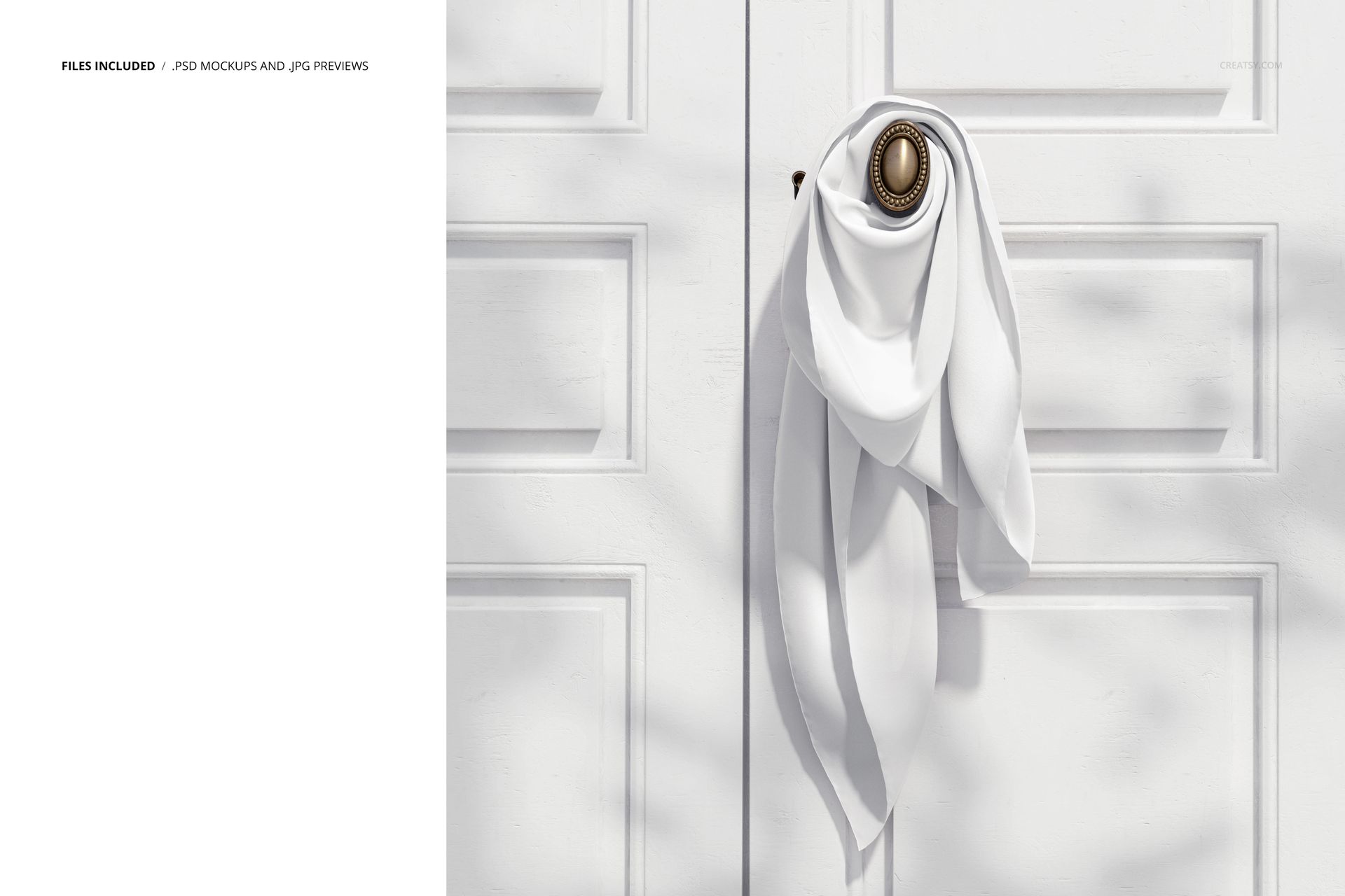 White silk scarf tied around a round brass door handle on a paneled white door, shown in a front view mockup scene.