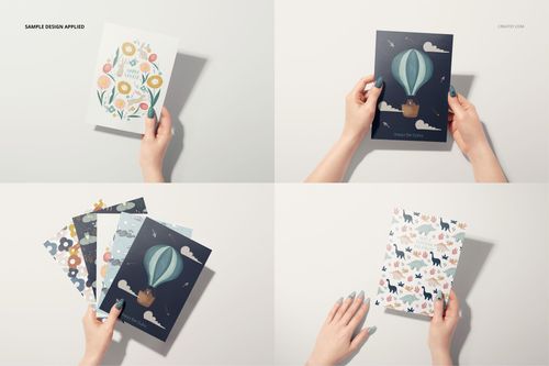 Four greeting cards mockup featuring women’s hands holding cards with floral, hot air balloon, and animal designs on a white background.