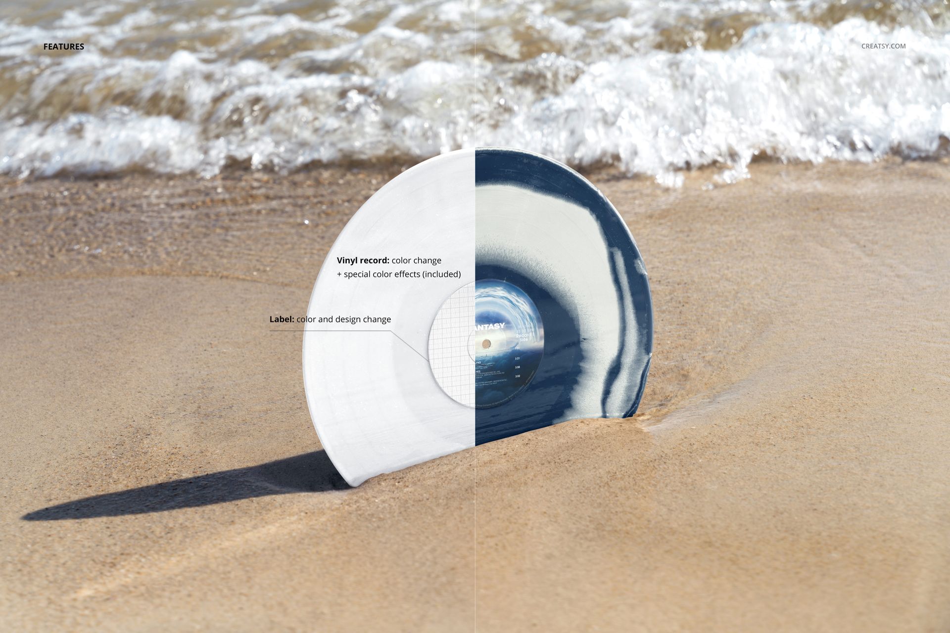 Mockup of a vinyl record stuck upright in sand on a coastline, featuring customizable label and color options.