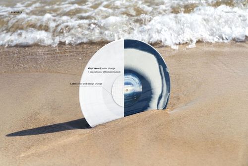 Mockup of a vinyl record stuck upright in sand on a coastline, featuring customizable label and color options.