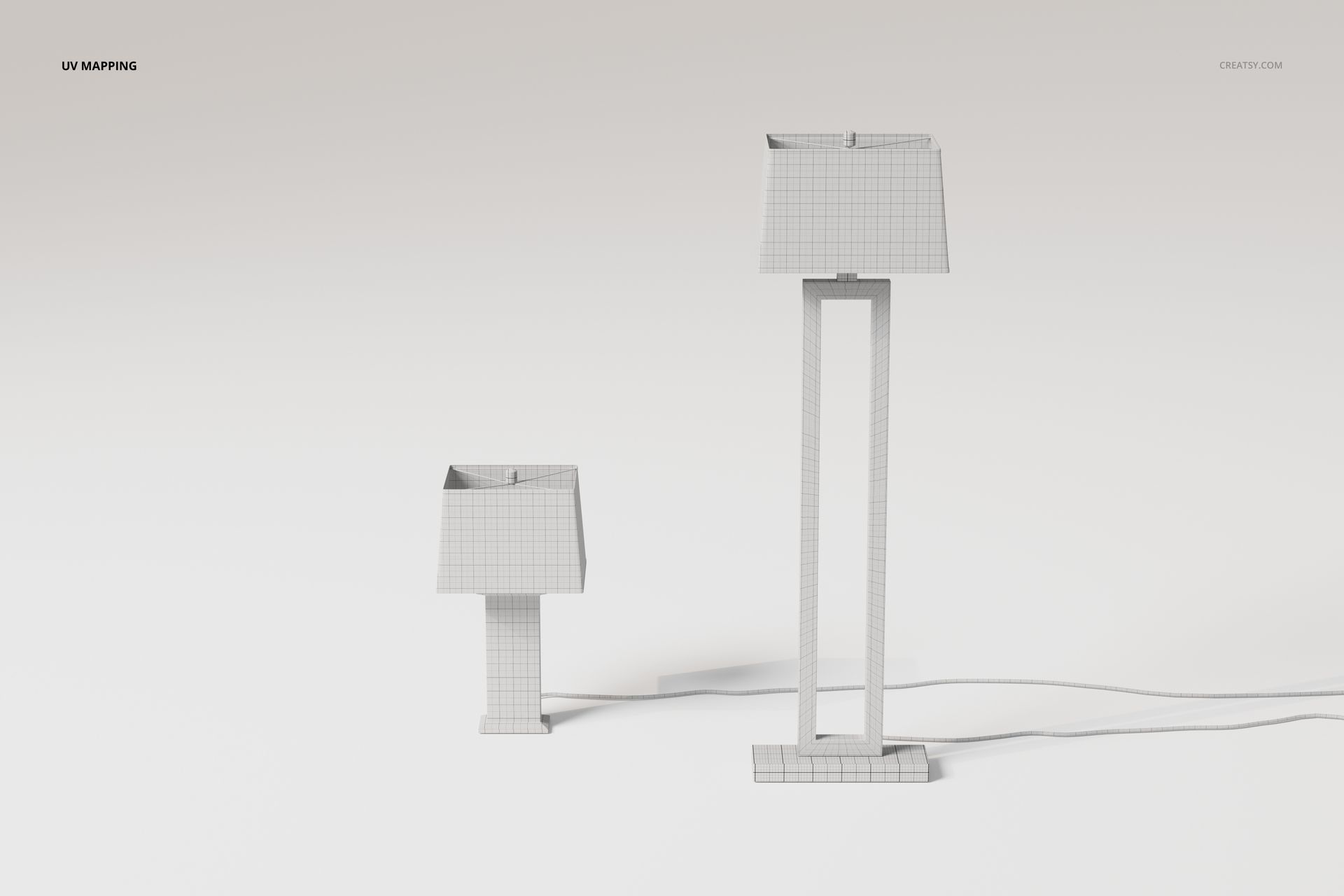 Front view of two art deco style lamps with geometric bases and wireframe texture, set against a plain background.