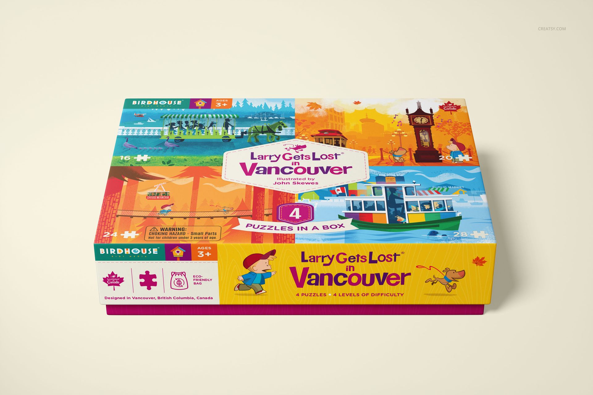 Rectangular puzzle box mockup featuring vibrant artwork, character illustrations, and four difficulty levels on the lid.