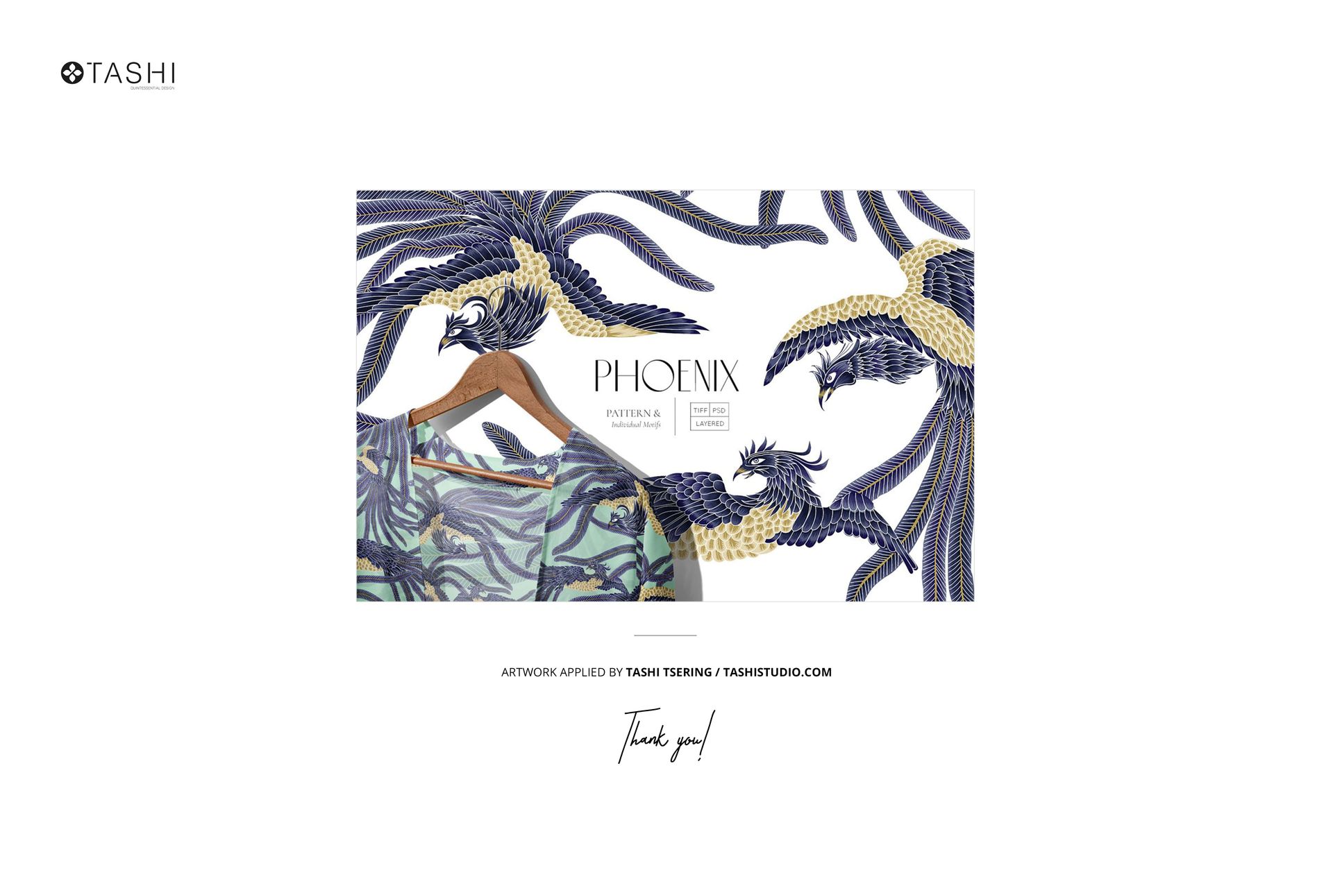 Front view of a paper wallpaper mockup featuring a blue and gold phoenix pattern with botanical accents on a white background.