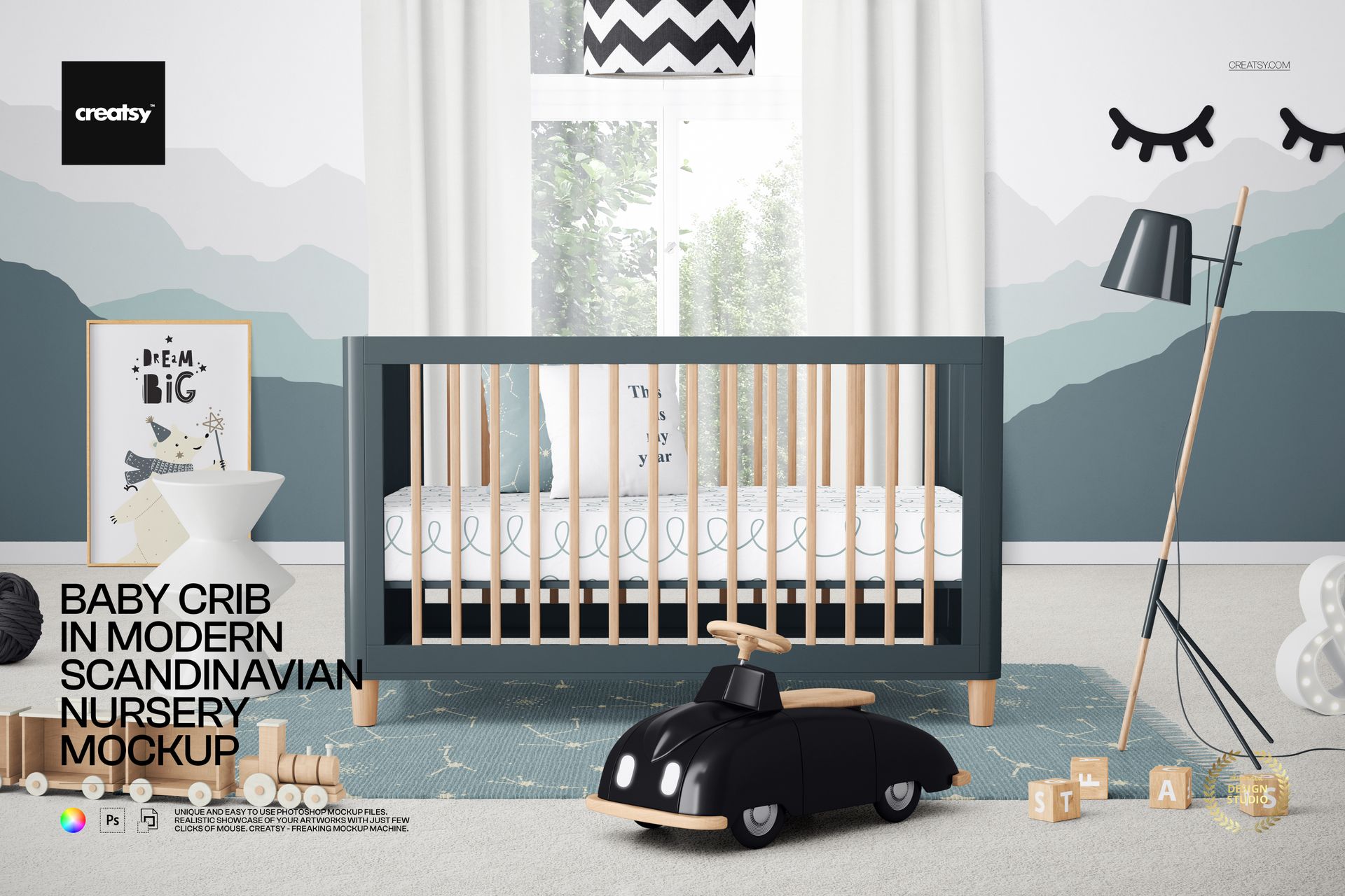 PSD mockup showing a baby crib in a contemporary nursery with geometric decor, curtains, and toy props.