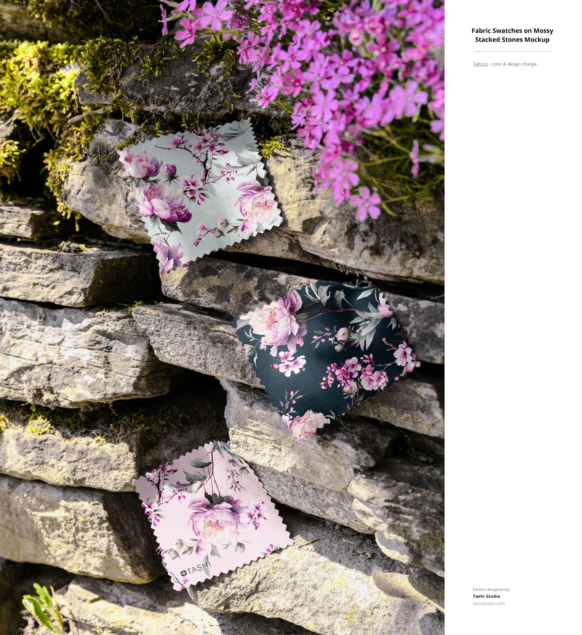 PSD mockup showing fabric samples with flower designs placed on natural stone, surrounded by vibrant pink flowers.