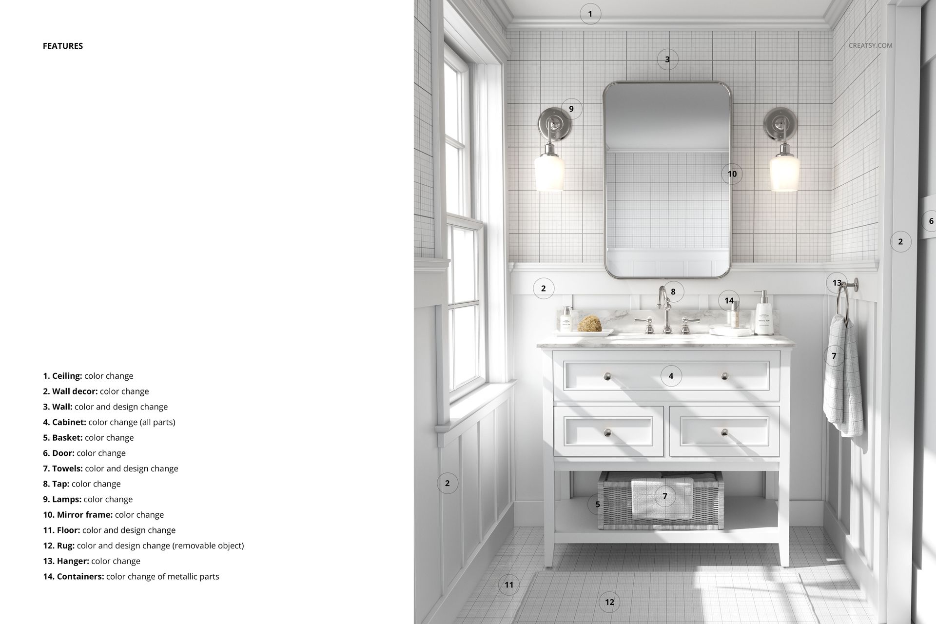 Modern bathroom mockup scene with white vanity, wall mirror, and towel rack, front view in natural light.
