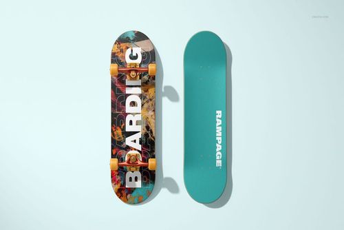 Skateboard mockup set showing a front view of a graphic deck with yellow wheels and a teal deck with bold white lettering.