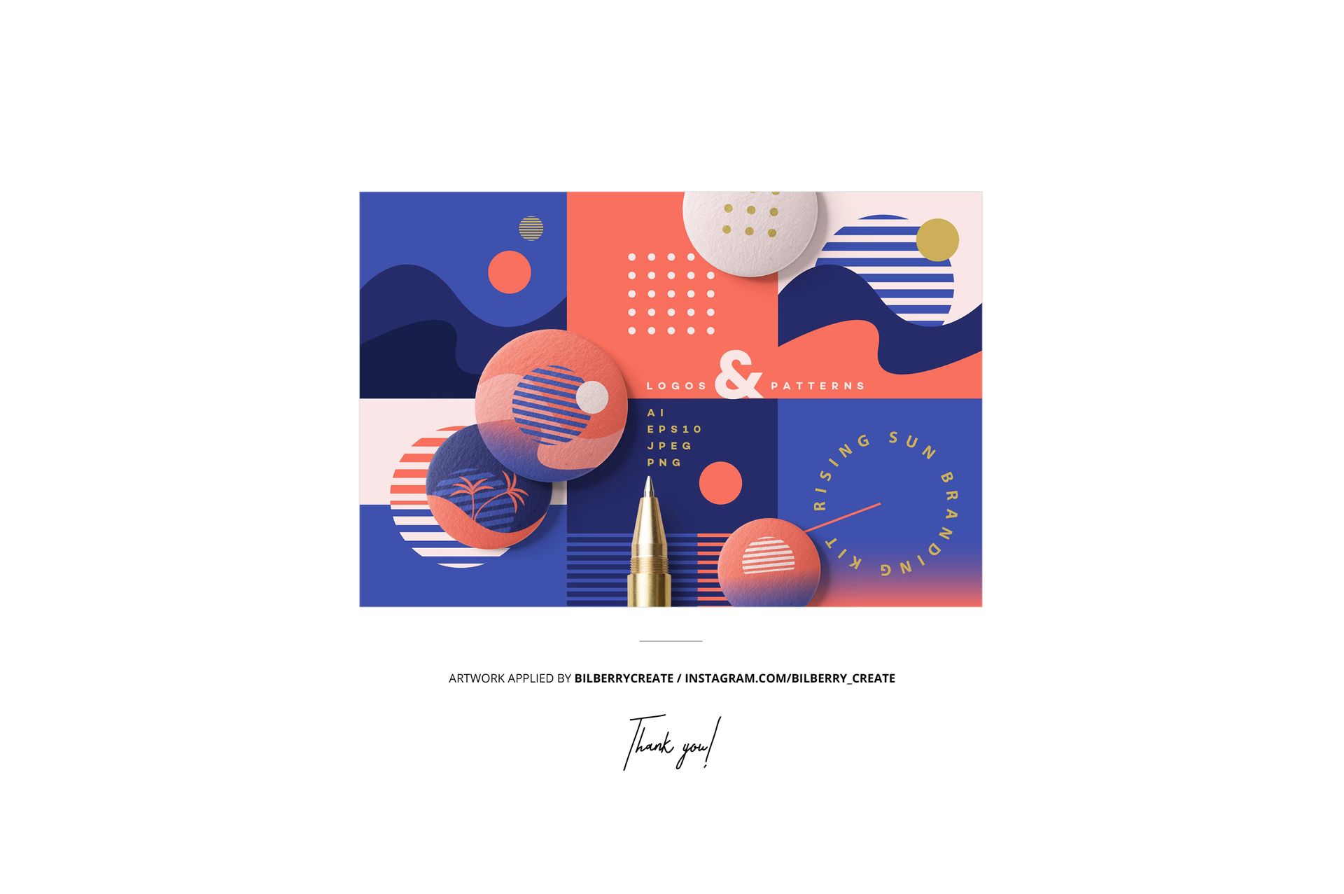 Cloth lined envelope mockup set shown with round props and a vibrant blue, coral, and gold patterned backdrop.
