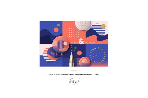 Cloth lined envelope mockup set shown with round props and a vibrant blue, coral, and gold patterned backdrop.