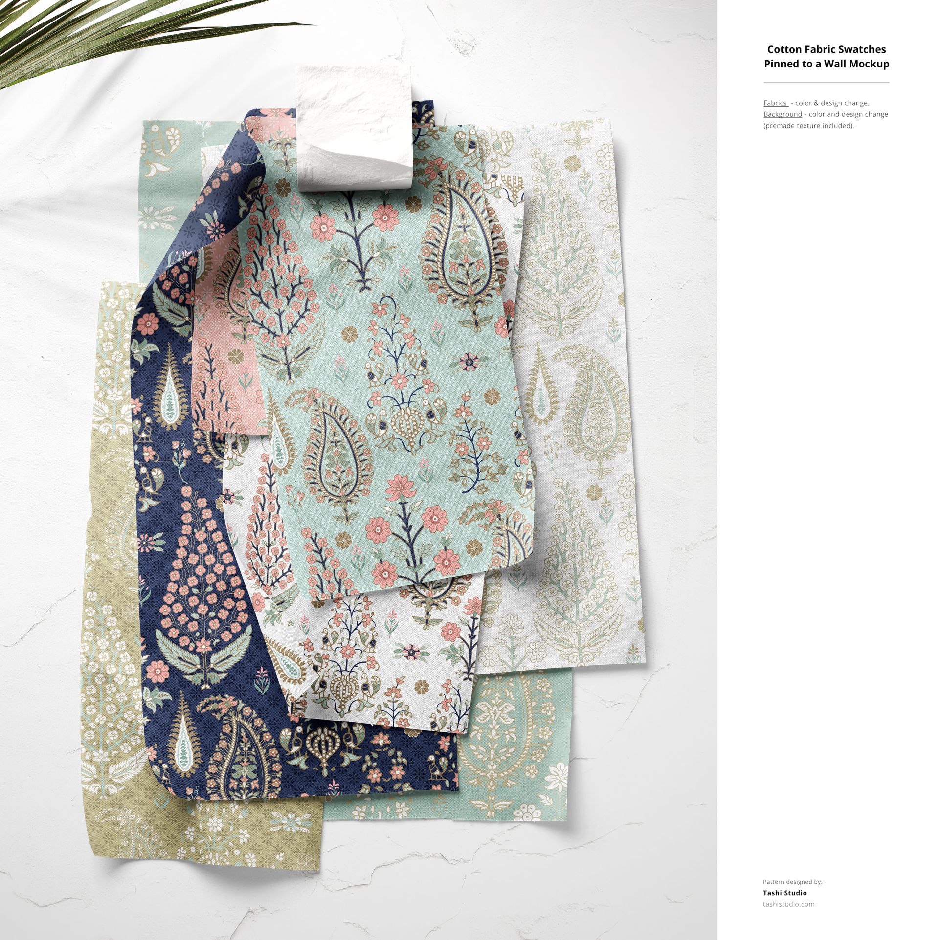 Layered cotton fabric swatches in various pastel and navy colors, showcasing intricate patterns in a mockup scene.