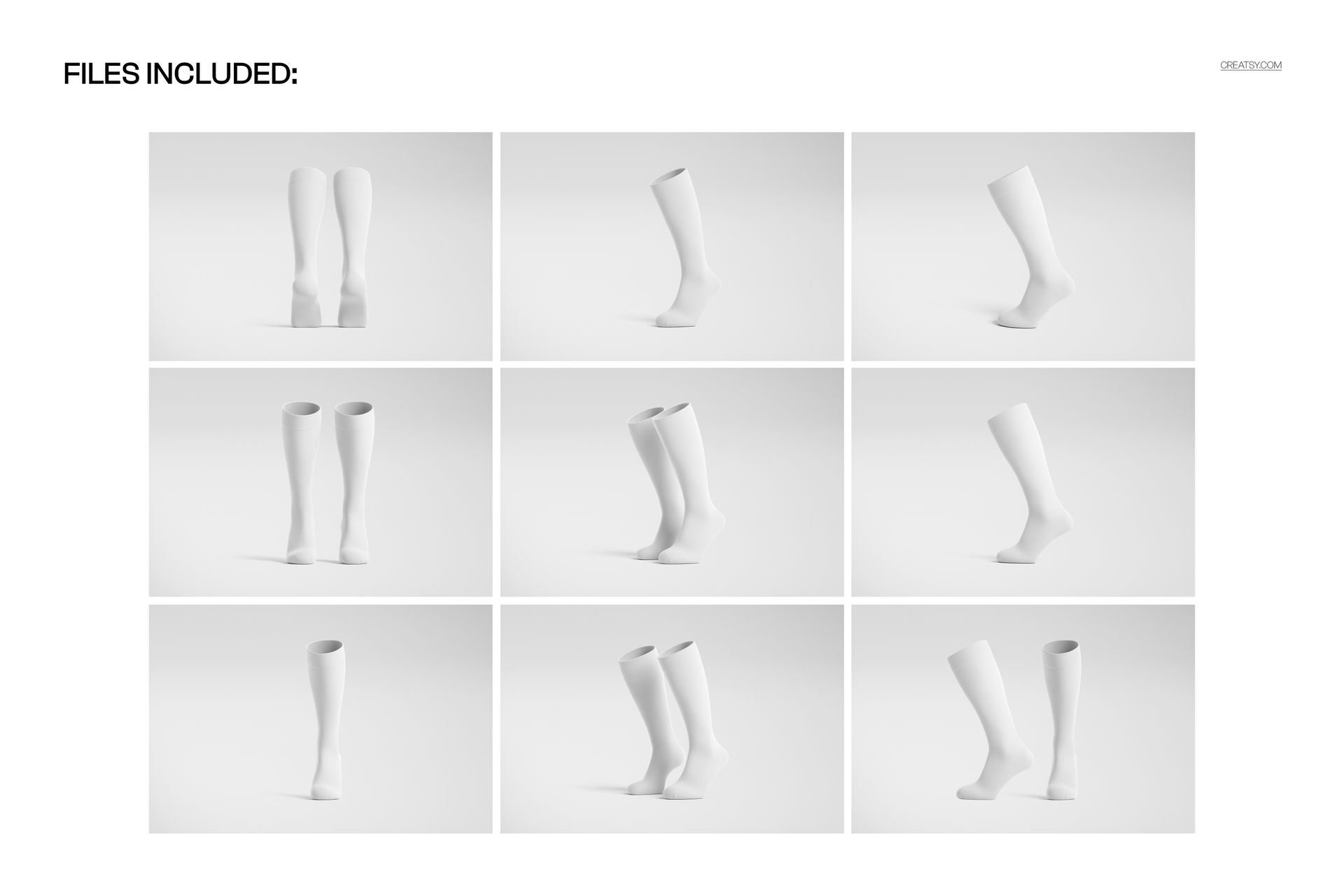 Over the calf socks mockup set showing nine white pairs in various angles on a plain light background.