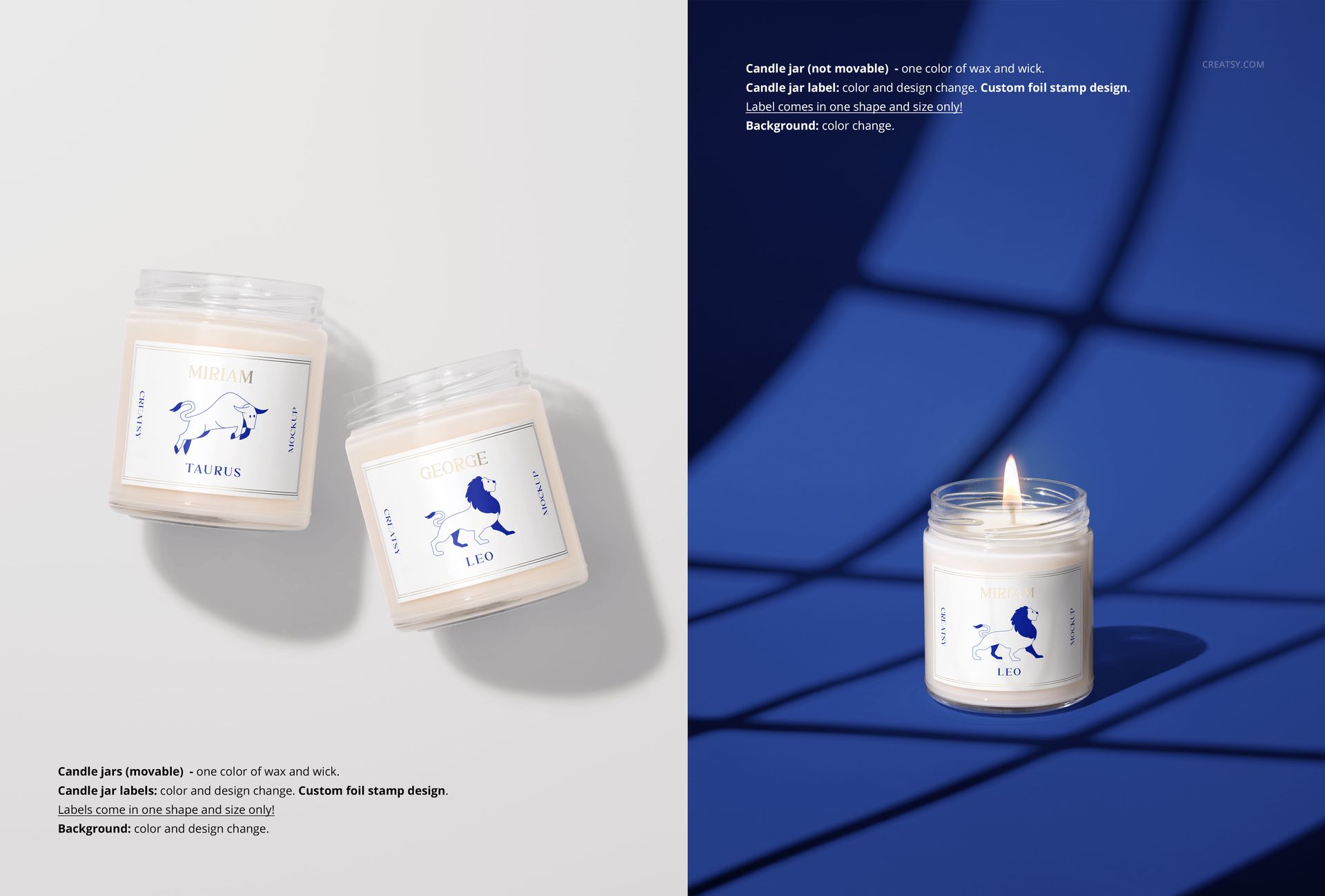 Mockup of three 9oz soy candles in clear jars, featuring white wax and blue label designs, with shadows on blue.