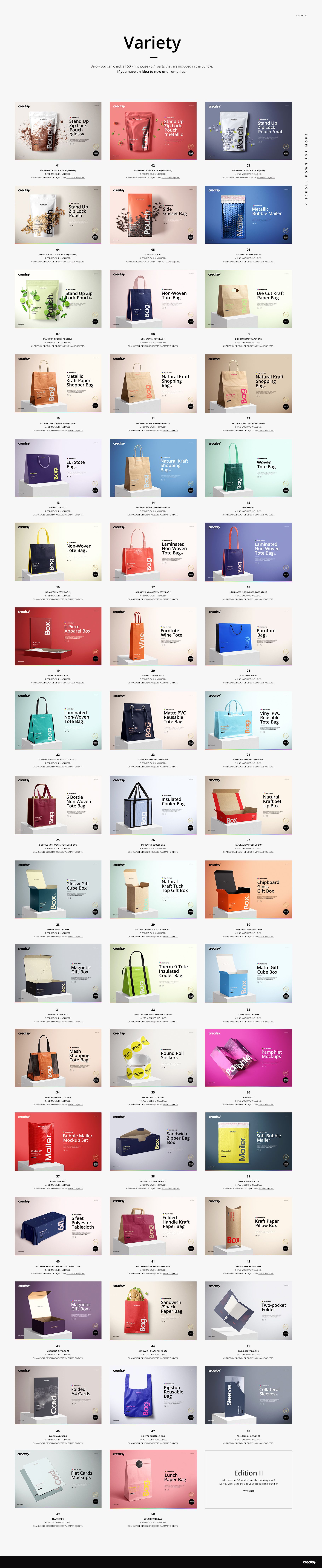 Assorted packaging mockups including boxes, bags, bottles, and envelopes displayed in a grid on colorful backgrounds.