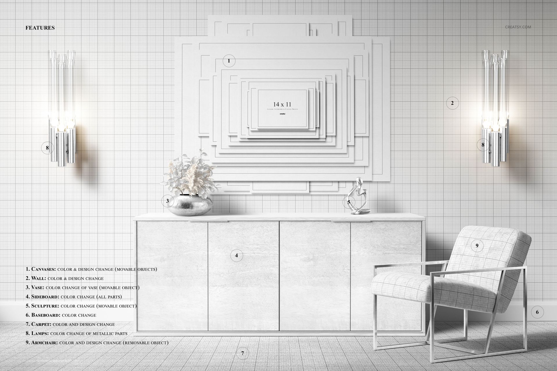 Front view of a modern room featuring a canvas print mockup on the wall, white armchair, sideboard, and decorative props.