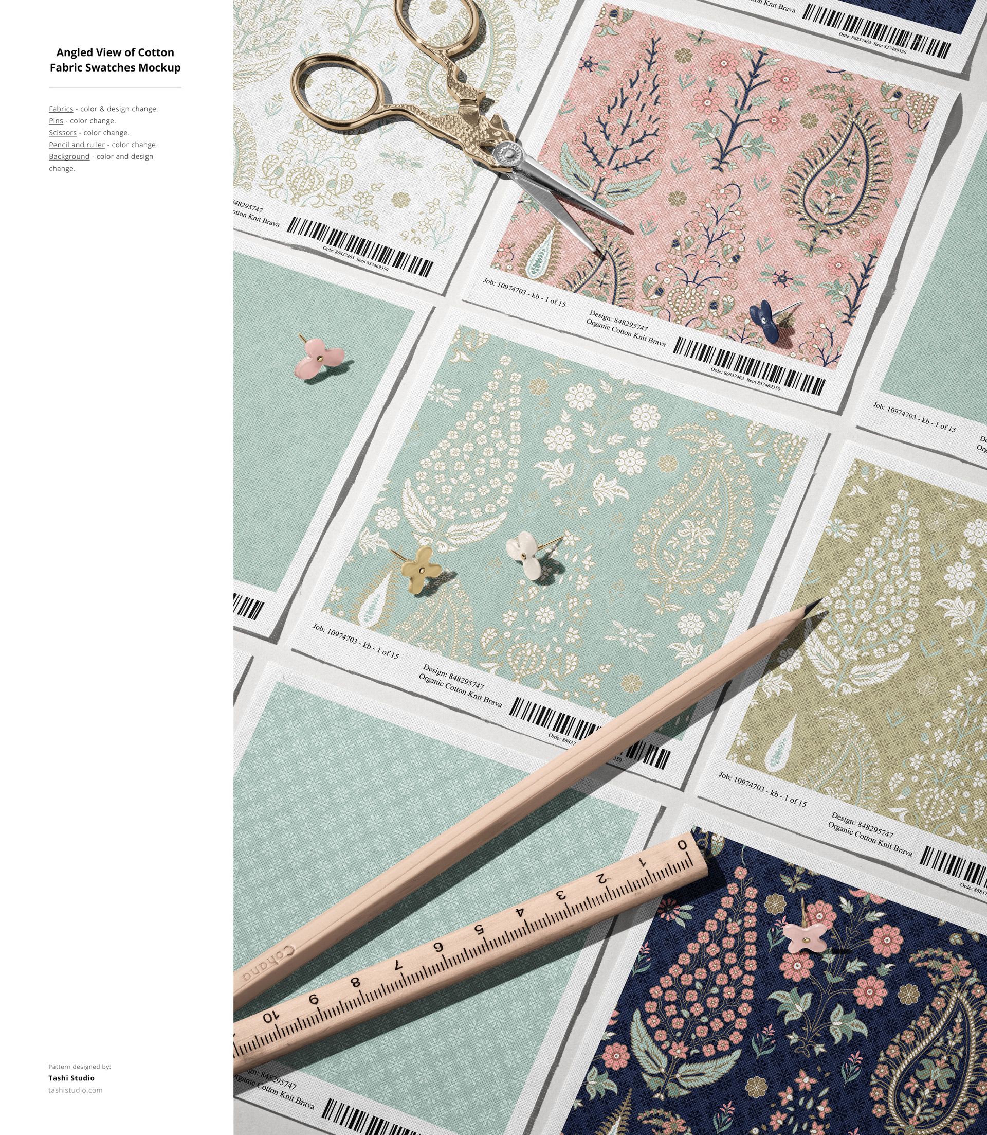Overhead shot of cotton fabric mockup featuring multiple patterned swatches, scissors, pencil, and ruler on a flat surface.