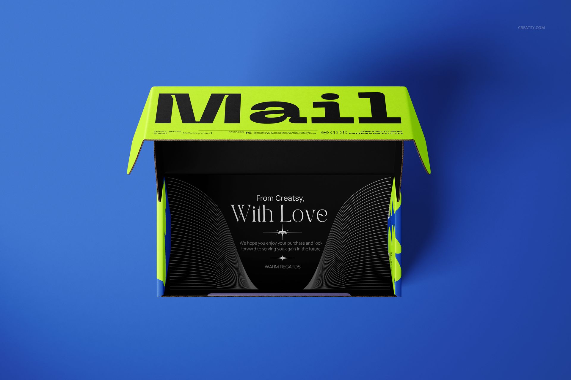Front view of a rectangular mailer box mockup with a neon yellow lid and bold black text, set against a blue background.