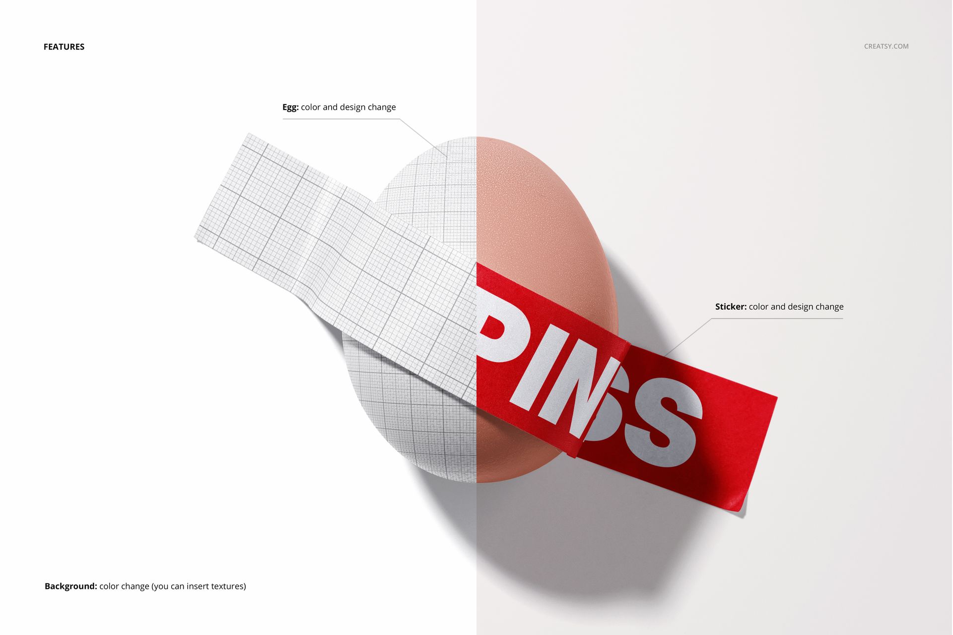 Top view of an Easter egg card mockup featuring a pink egg with a red and white sticker, split background in white and light gray.