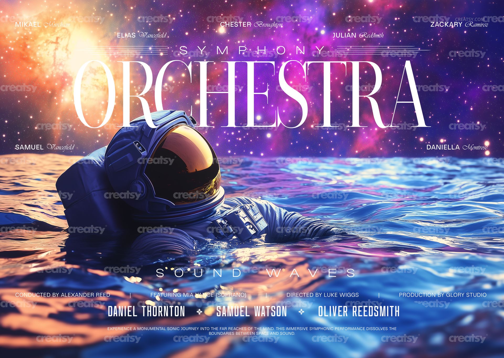 Front view of a PSD mockup poster showing an astronaut in water against a colorful space background with orchestra text.