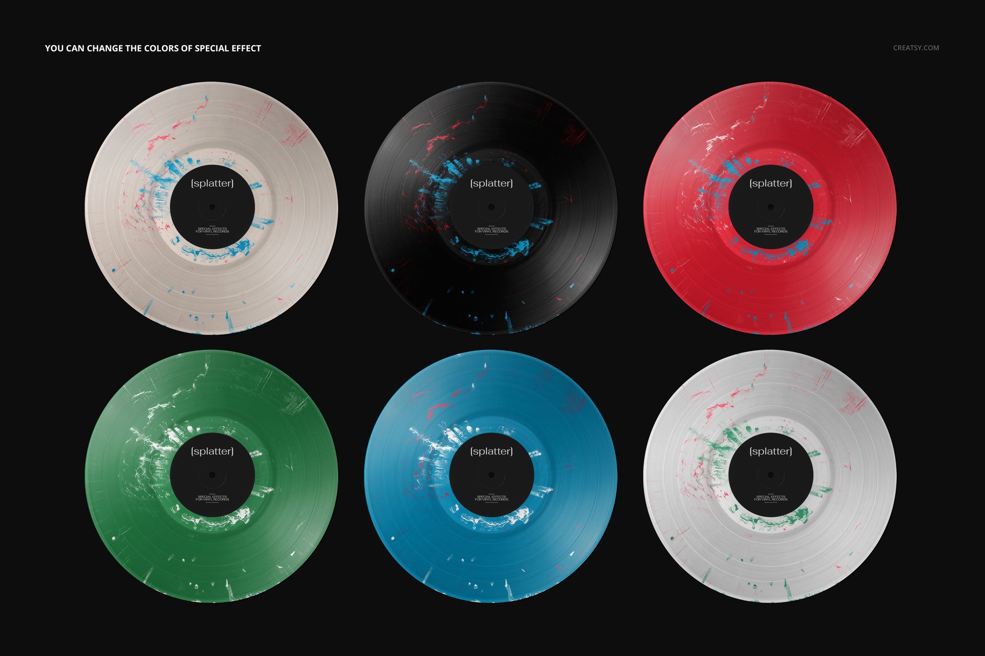 PSD mockup of six colorful vinyl records with splatter designs, arranged in two rows on a plain backdrop.