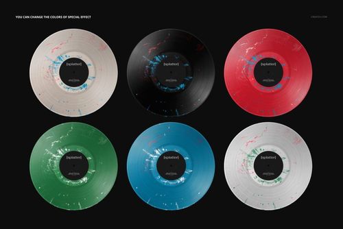 PSD mockup of six colorful vinyl records with splatter designs, arranged in two rows on a plain backdrop.