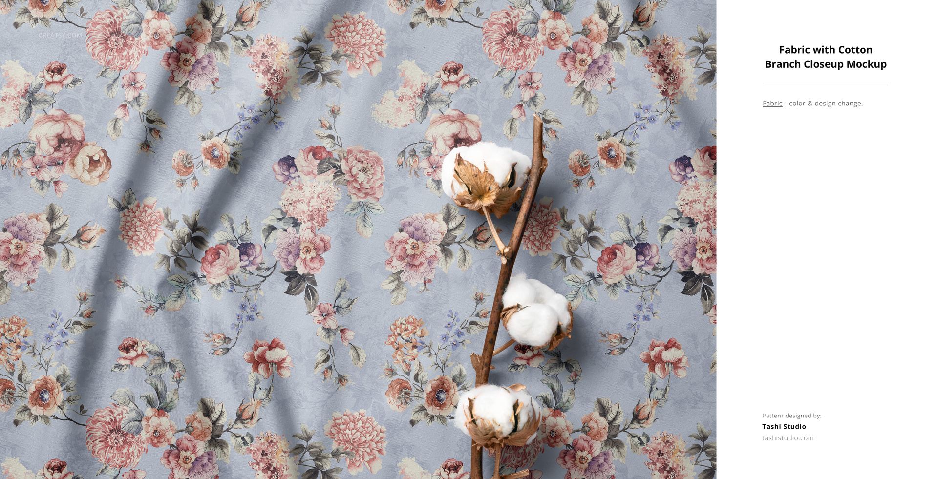 Cotton fabric mockup featuring a soft blue background with pink and cream floral pattern, shown with a cotton branch.