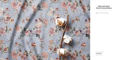 Cotton fabric mockup featuring a soft blue background with pink and cream floral pattern, shown with a cotton branch.