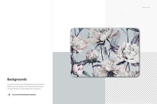 Rectangular plush bath rug with a soft floral pattern in pastel colors, shown from a top view on a layered mockup background.