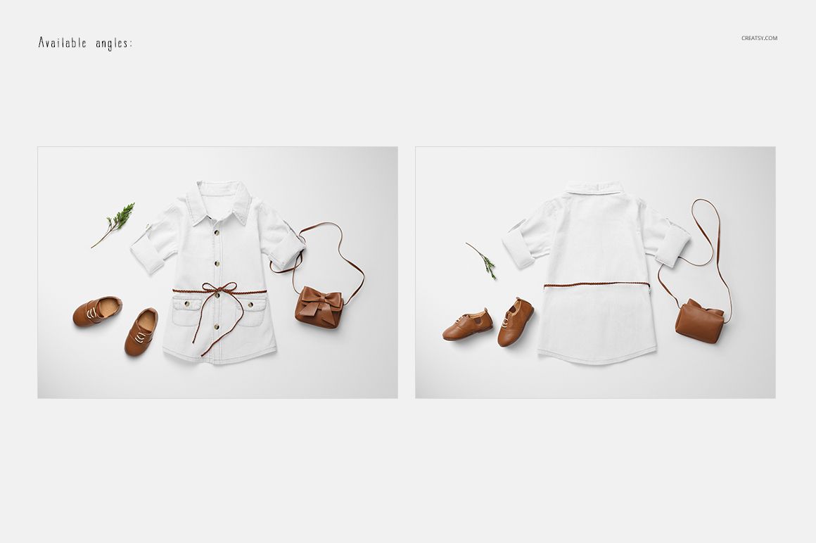 Baby jeans dress mockup set showing front and back perspectives, paired with brown shoes and a matching bag.