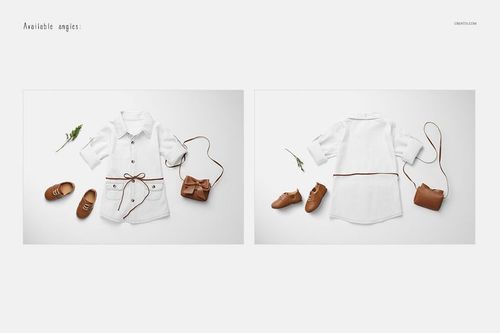 Baby jeans dress mockup set showing front and back perspectives, paired with brown shoes and a matching bag.