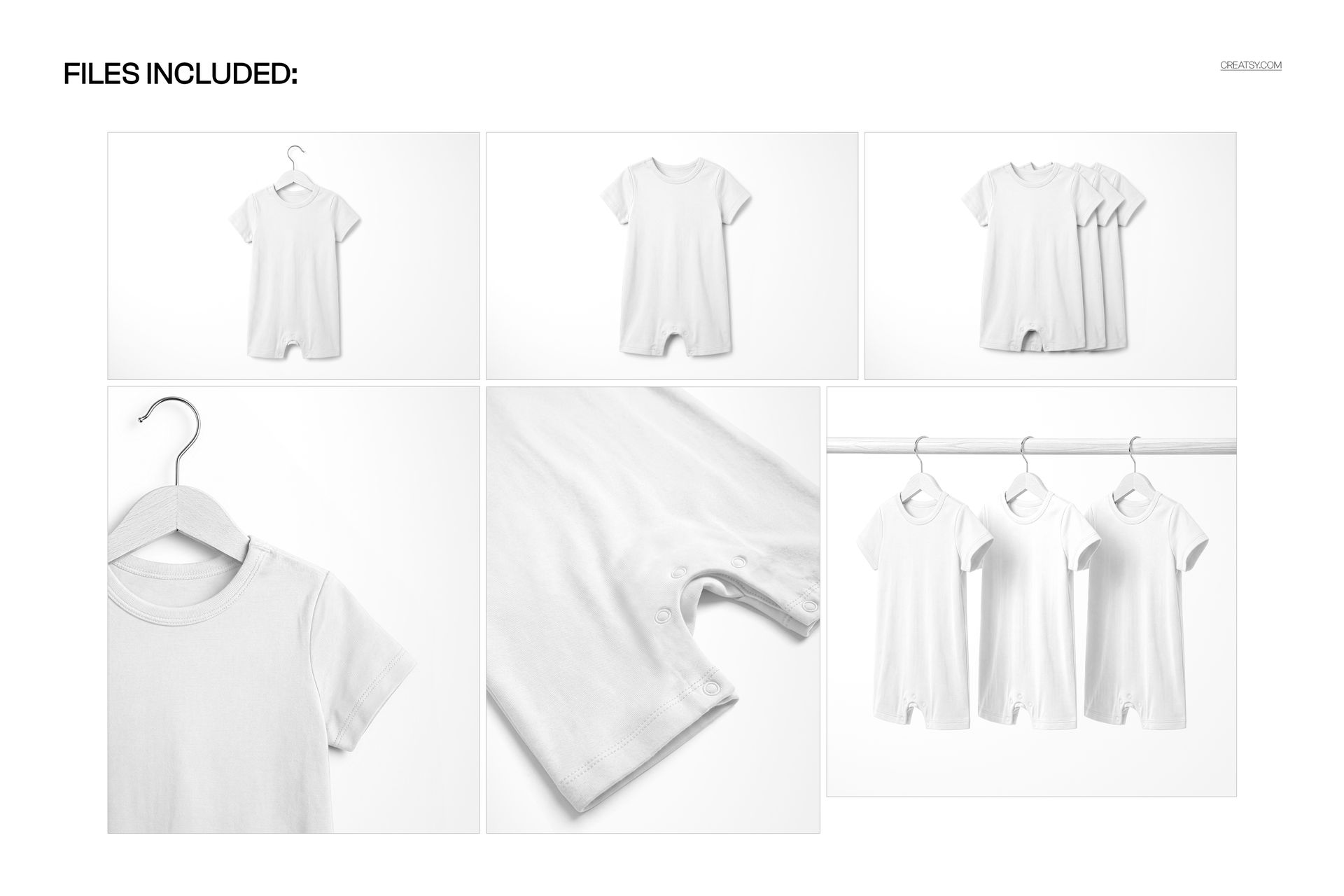 White baby romper suit mockup set shown in various perspectives including front view, close-up, and hanging display.