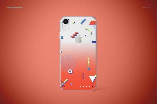 PSD mockup of an iPhone XR clear case featuring colorful geometric shapes, displayed from the rear on an orange backdrop.