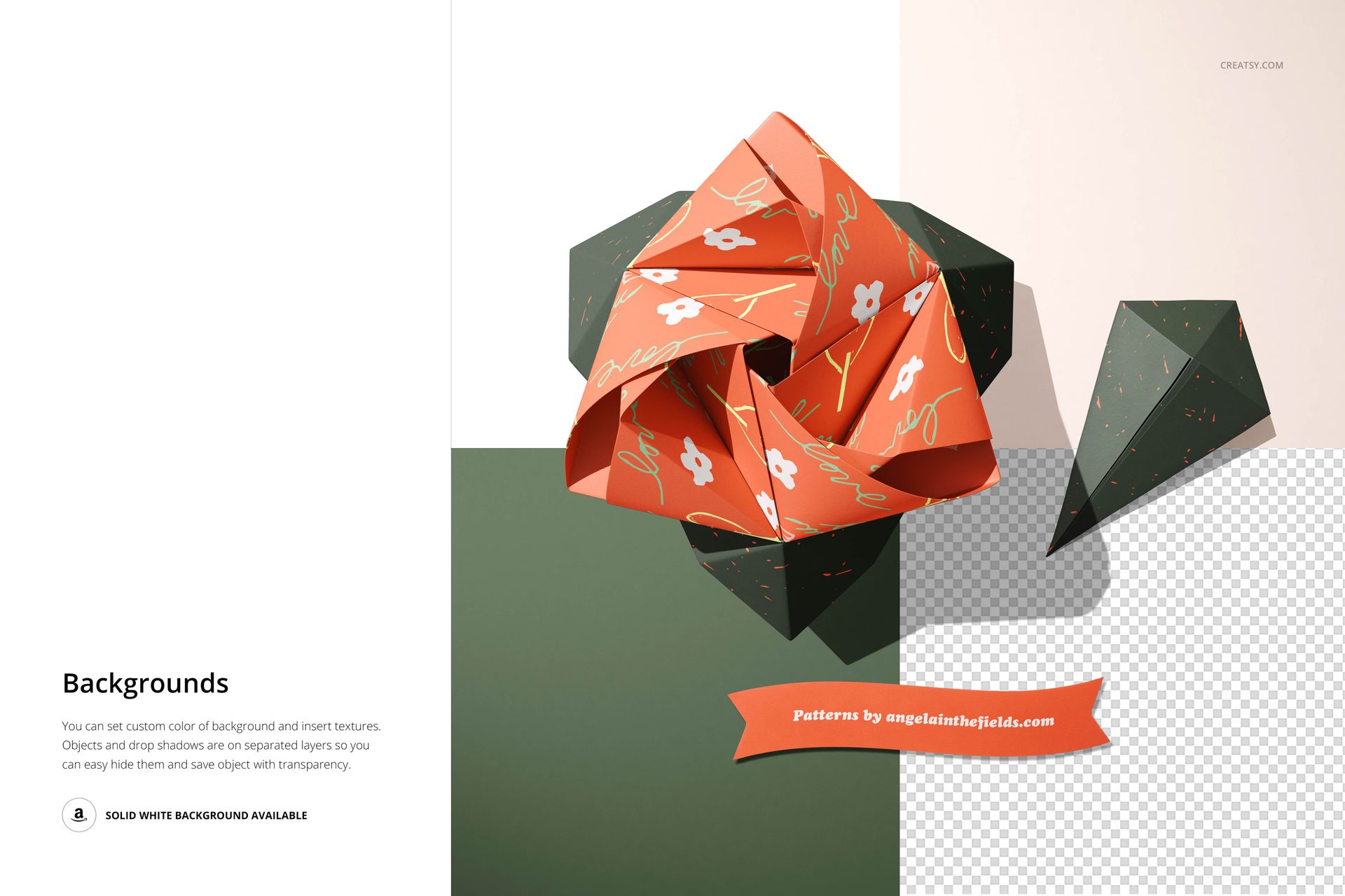 Mockup of origami rose and leaf crafted from decorative paper, displayed on a green and white background.