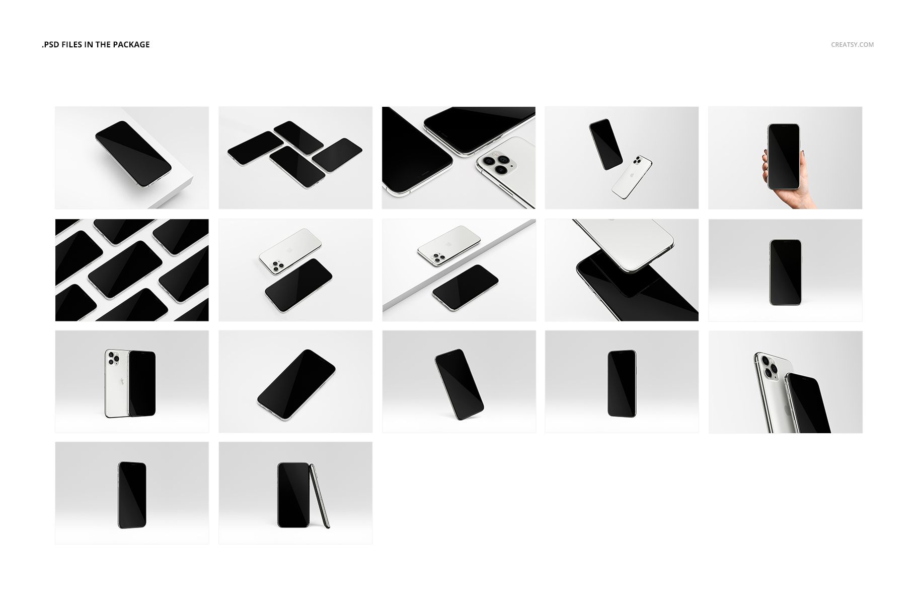 Collection of iPhone 11 Pro mockups in various positions, including front view, angled, and hand-held on white backgrounds.