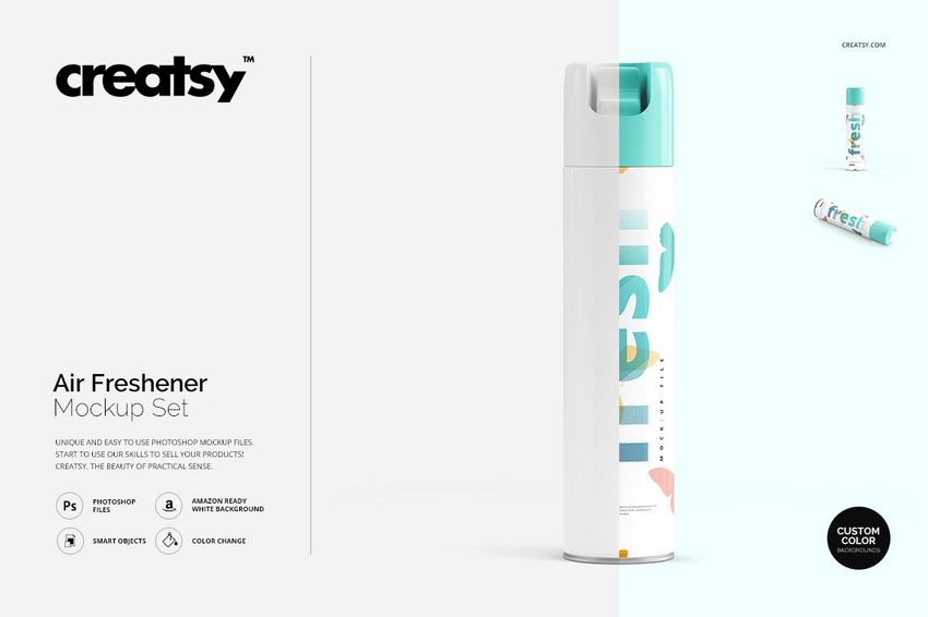 PSD mockup of an air freshener can with custom color cap and soft pastel graphics, displayed against a split white backdrop.