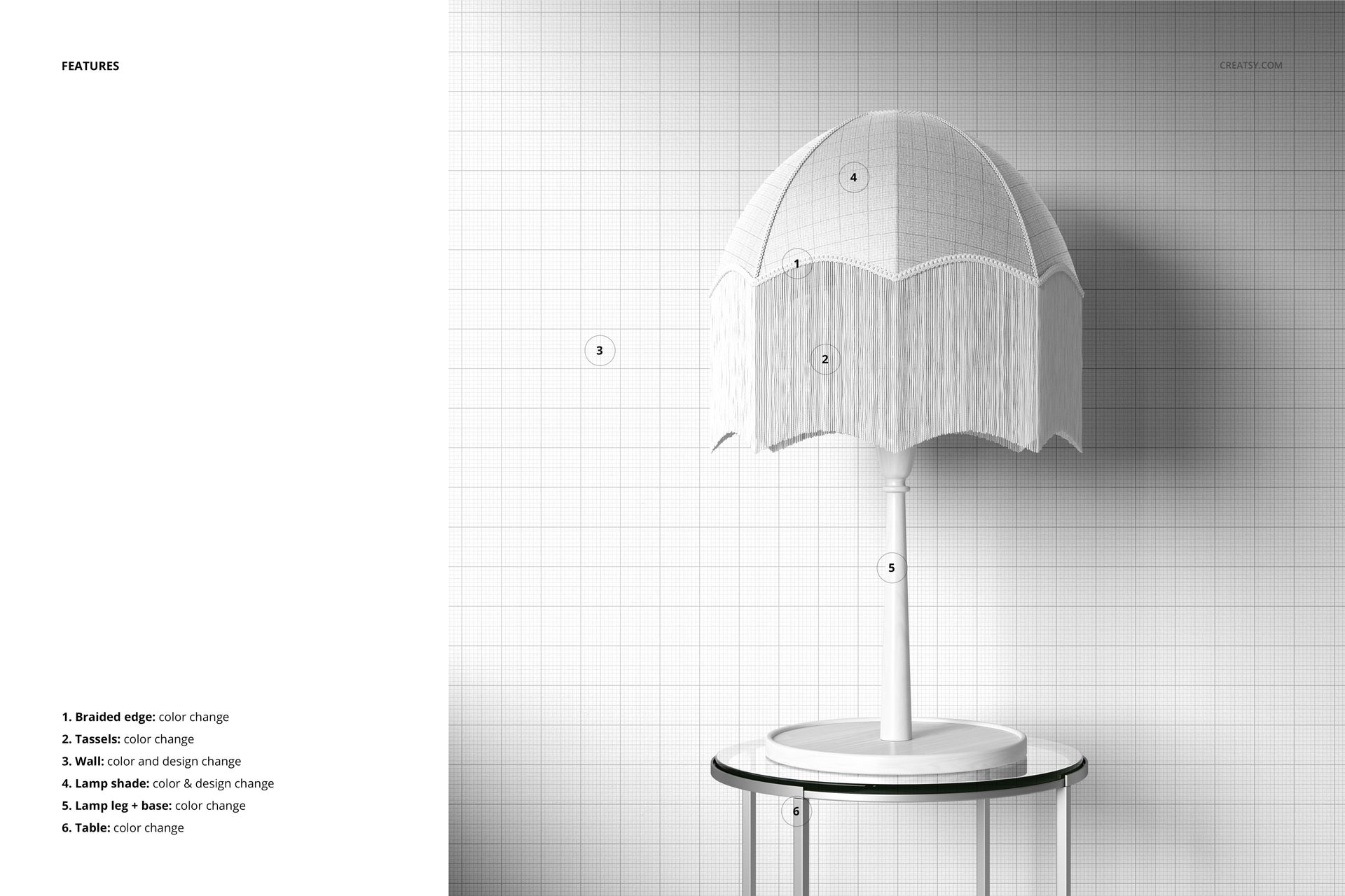 Front view of a vintage table lamp mockup featuring a velvet dome shade with fringe, placed on a round glass table.