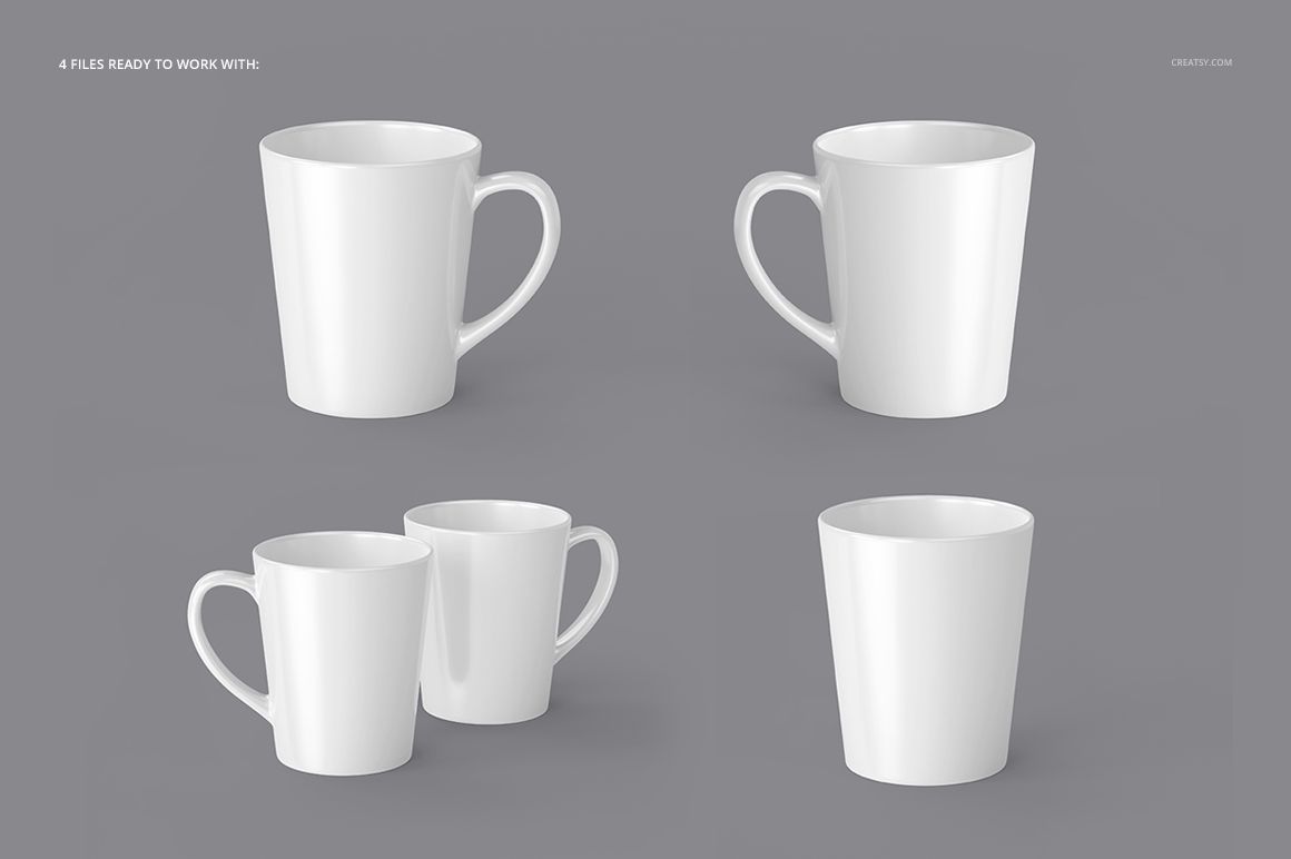 Four white 12 oz latte mugs displayed on a gray background, showing different angles and group arrangements.